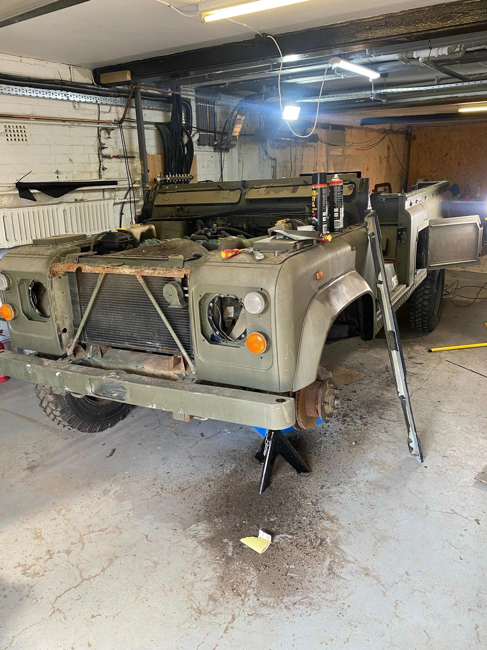 Defender front bodywork disassembled during restoration